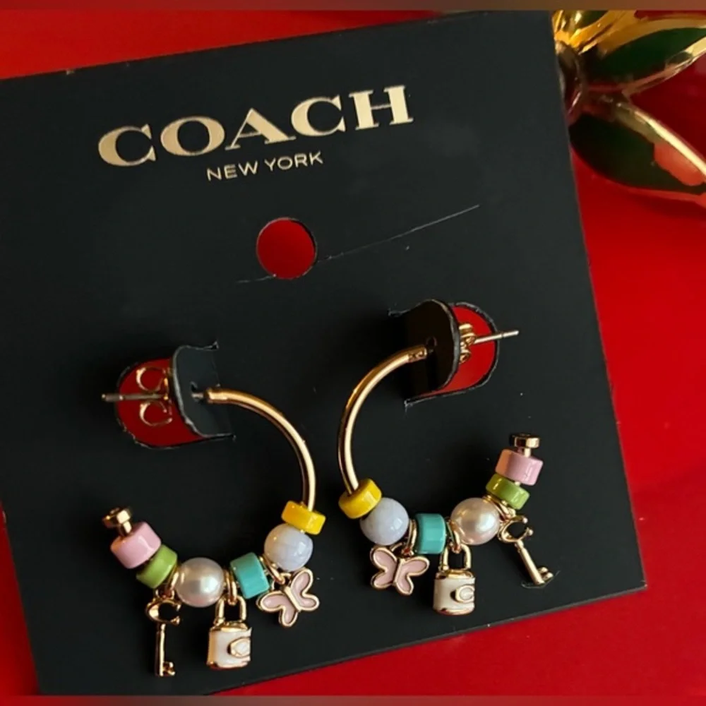 COACH Earrings,Coach Gold Hoop Earrings with Pastel Charms - Picture 1 of 7